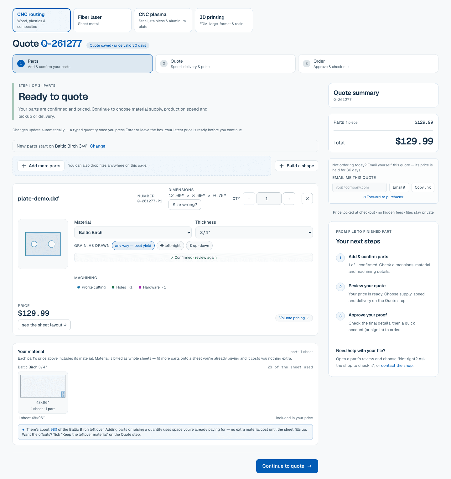 Sample quote workspace showing a part preview and its price